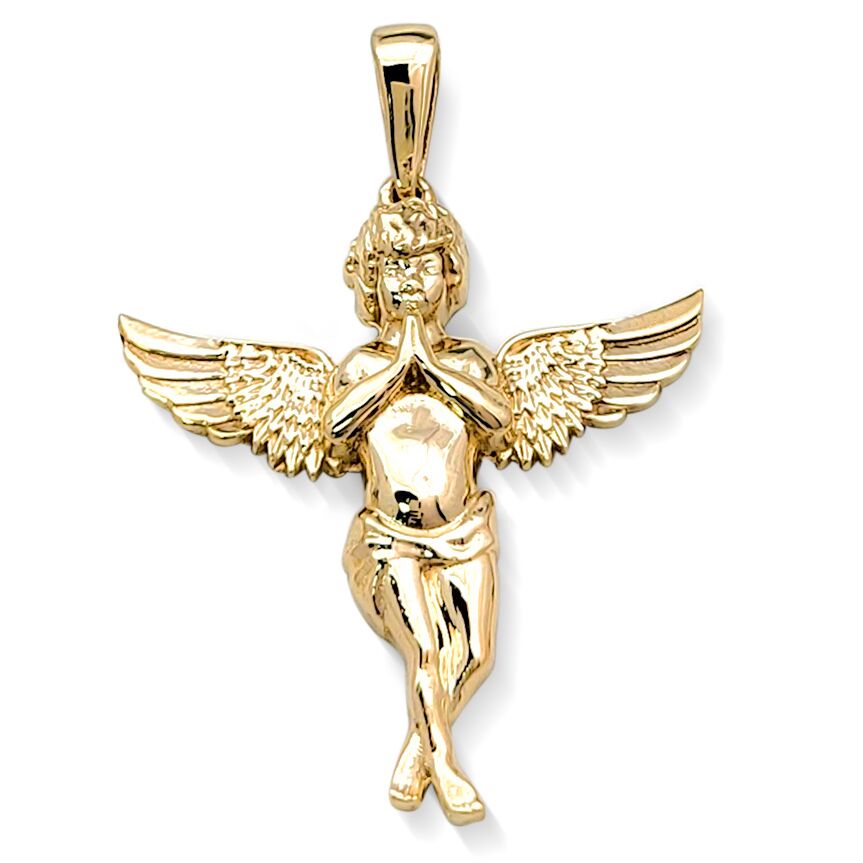 Real 18K Yellow Gold Angel Pendant Praying Baby Guardian Angel