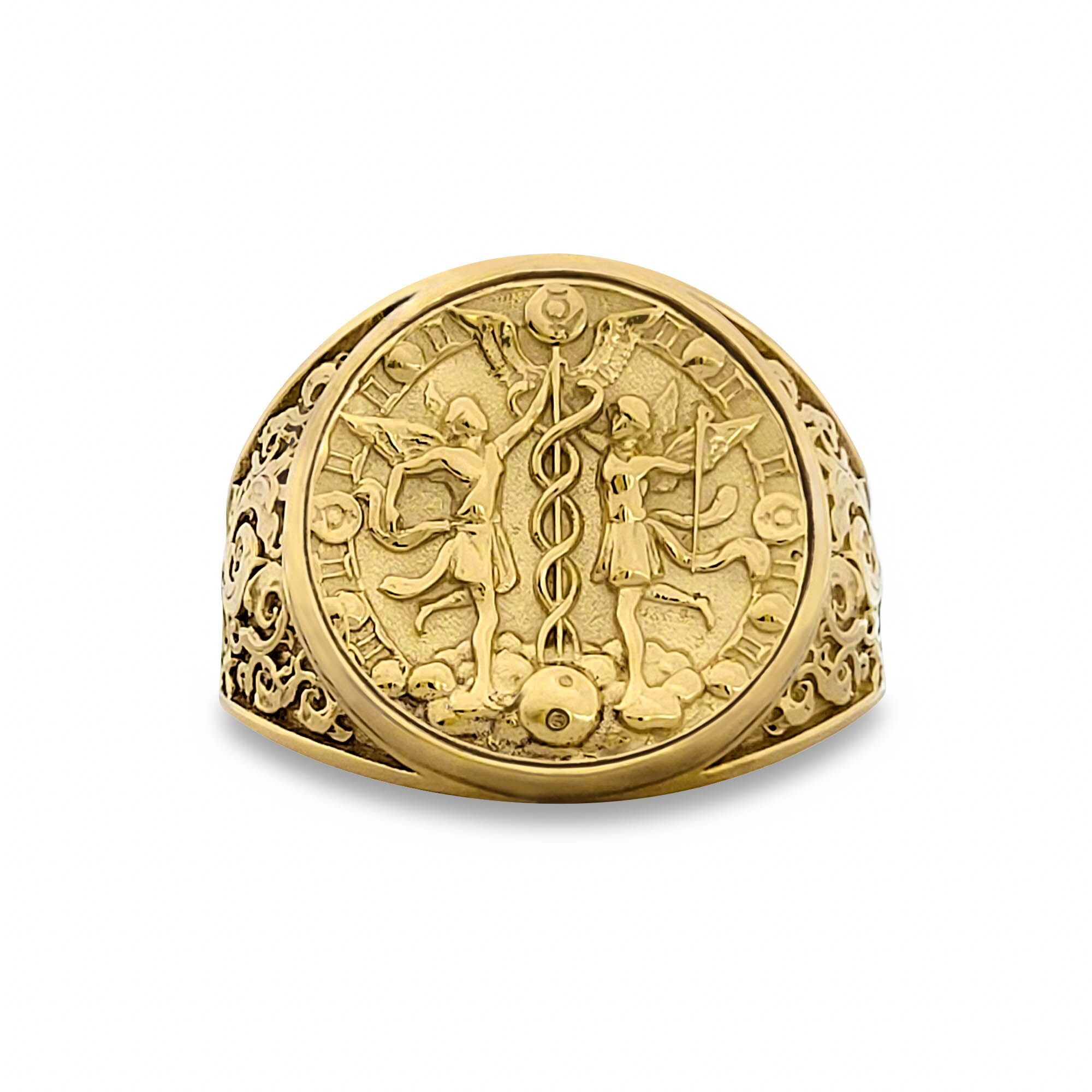 Real 10K Yellow Gold Gemini Ring, Zodiac Sign Mens Gold Coin Ring