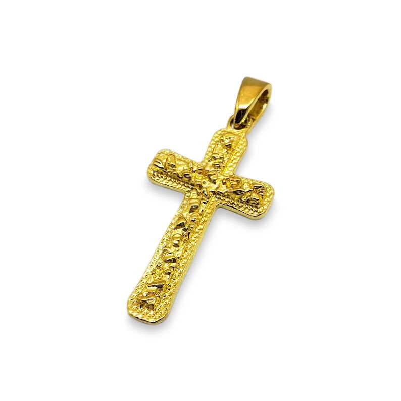 Solid 24K Yellow Gold Mens Nugget Cross Small Gold Cross