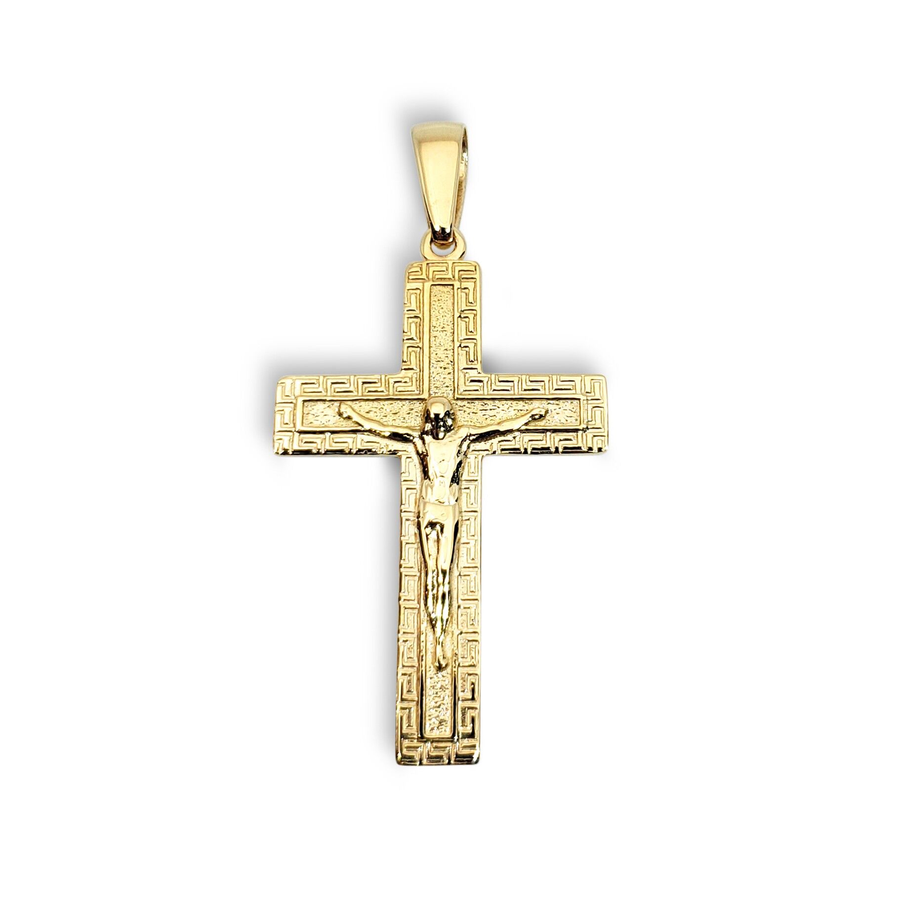 Solid 18K Yellow Gold Cross Pendant Ornate Greek Key Cross, 4.4