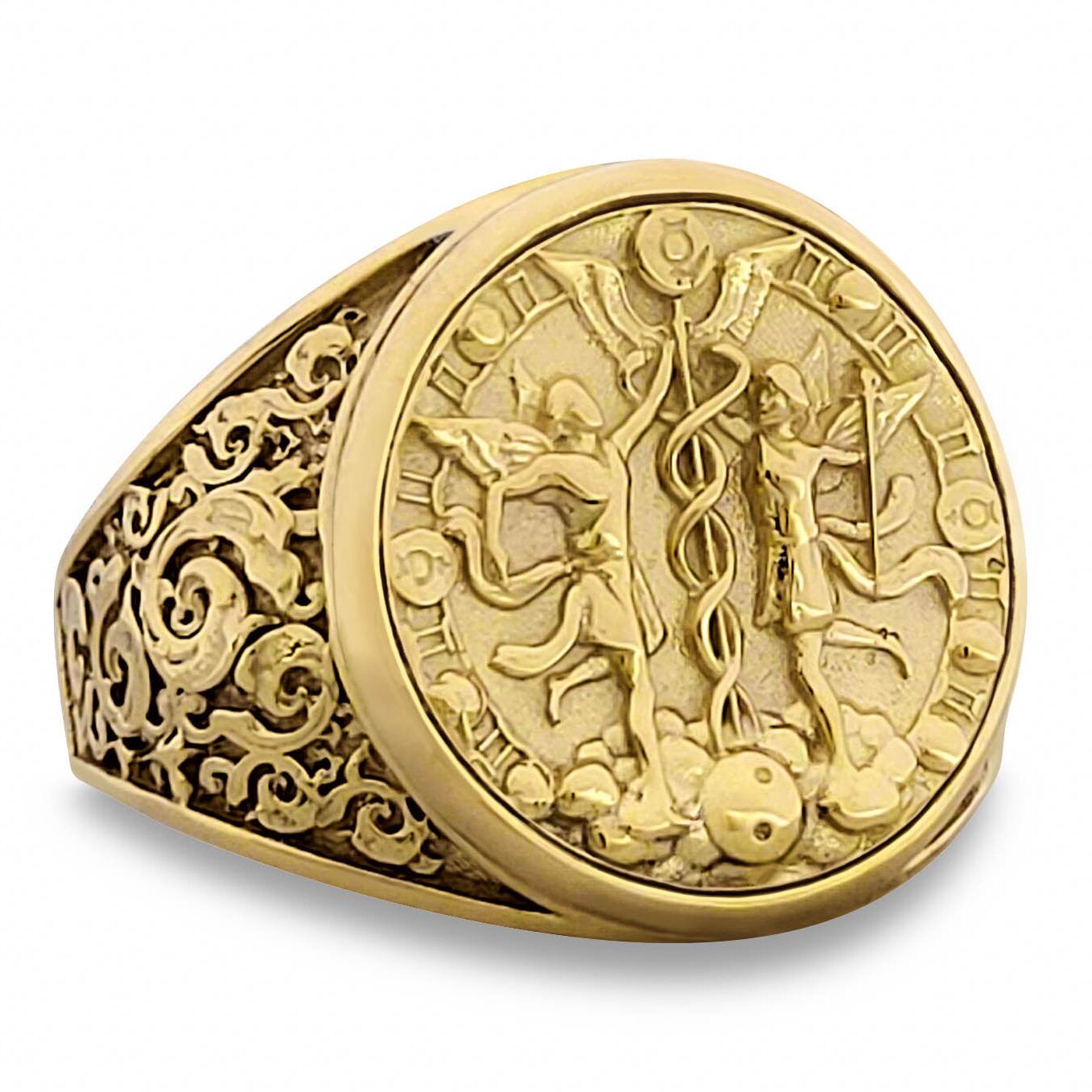 Real 10K Yellow Gold Gemini Ring, Zodiac Sign Mens Gold Coin Ring