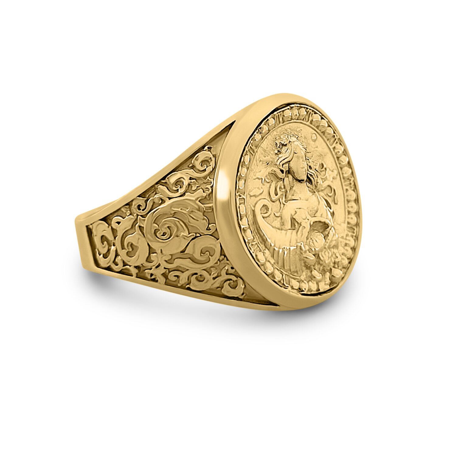 Real 18K Yellow Gold Virgo Ring, Zodiac Sign Mens Gold Coin Ring