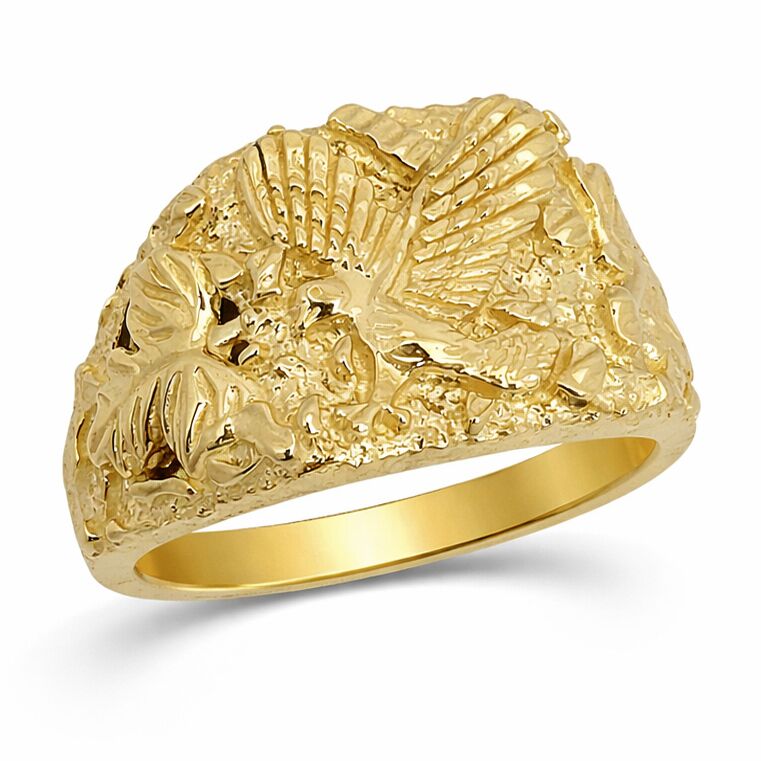 Naho Kamada 5LINE RING 12号 純金 Solid 10K Yellow Leaf Gold Large Mens Eagle Ring - Jahda Jewelry