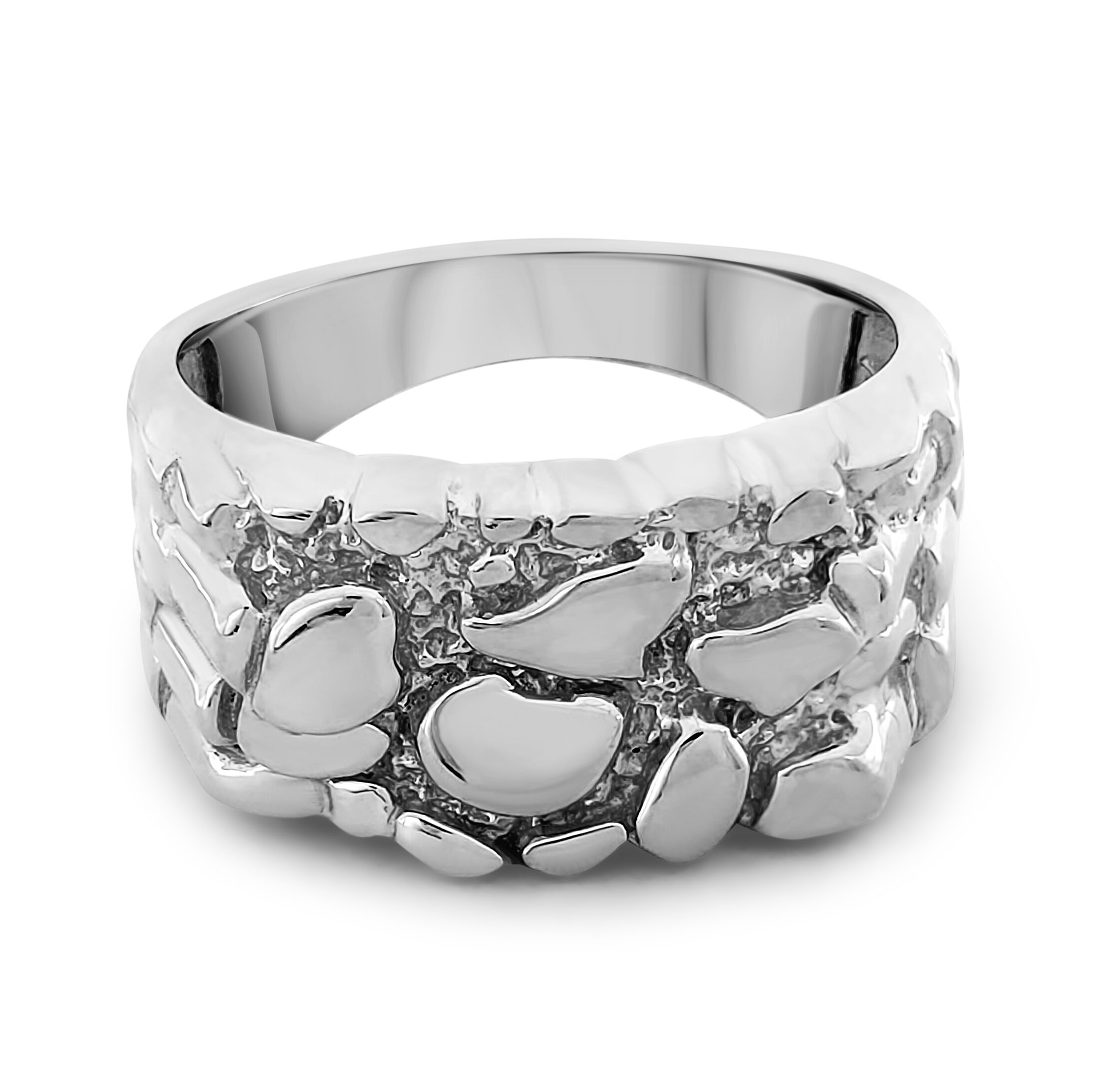 Solid 10K White Gold Classic 11mm Mens Nugget Ring, Size 5 - 15