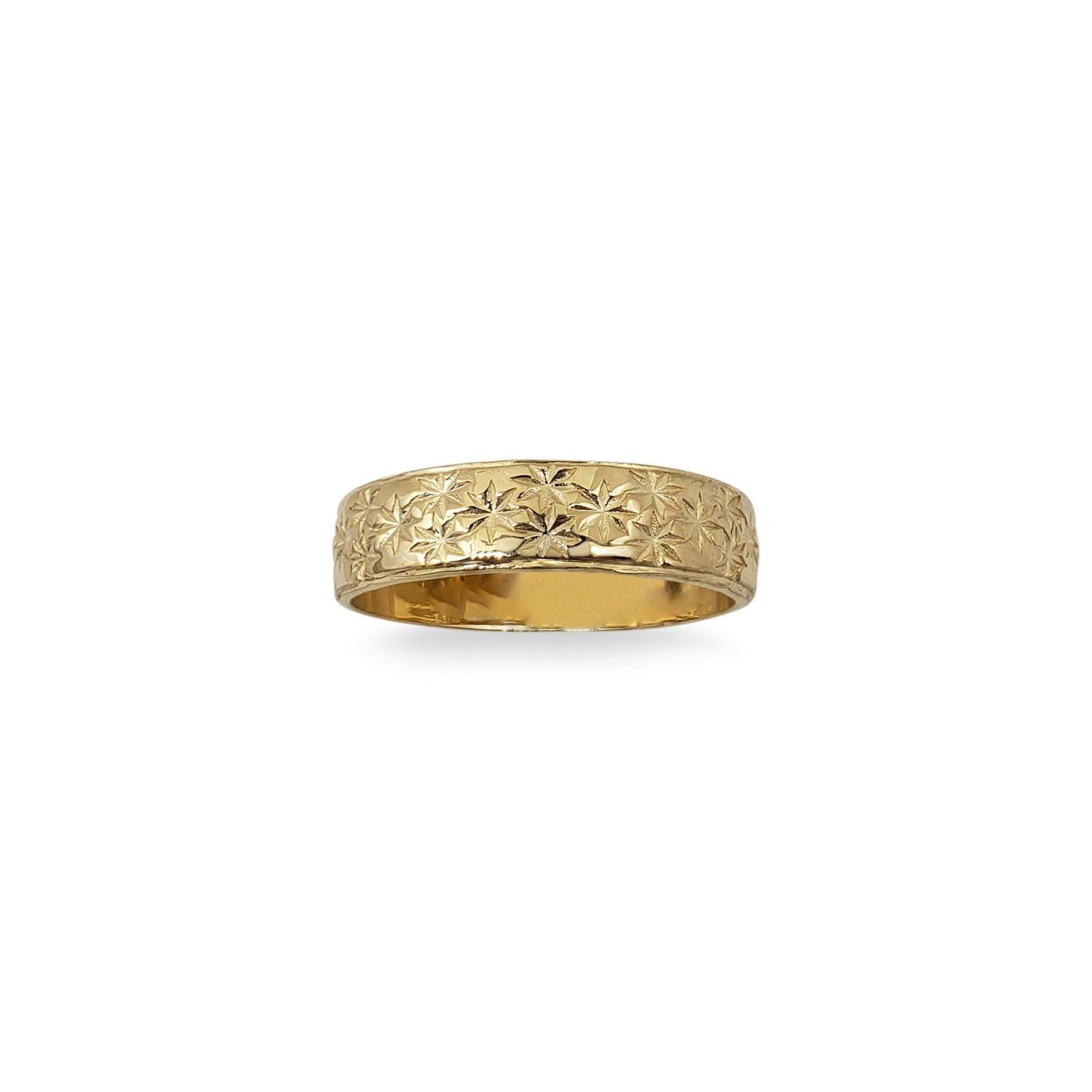 Solid 10K Women's Yellow Gold Etched Ring, 5mm Real Gold Star Ring