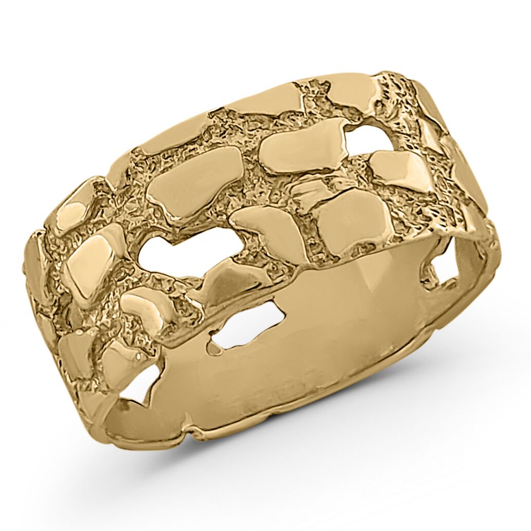 Solid 14K Yellow Gold Mens Nugget Band, 9mm Gold Nugget Ring, Size