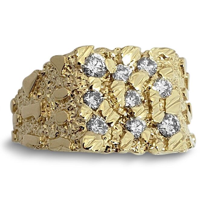 Real 14K Yellow Gold 0.62 Carat Diamond Mens Nugget Ring (Natural