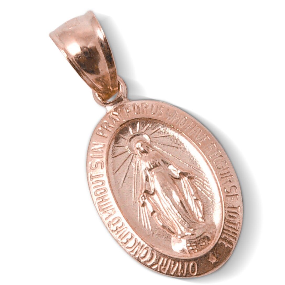 Solid 18K Yellow Gold Miraculous Medal Virgin Mary Pendant, 3/4