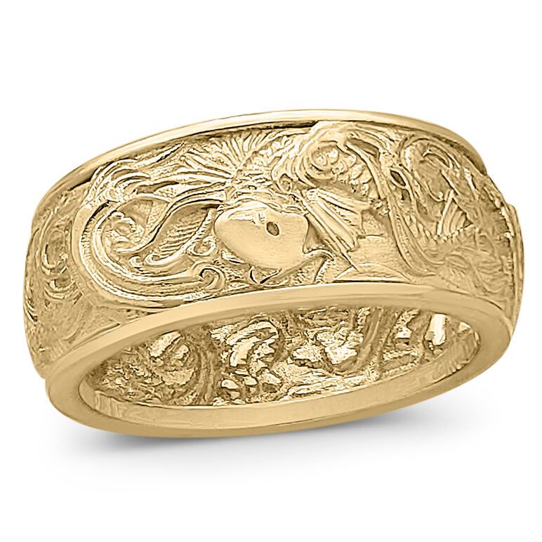 Solid 10K Yellow Gold Carp and Waves Ring 9mm Wide Band Koi Fish Solid 10K Yellow Gold Carp and Waves Ring 9mm Wide Band Koi Fish