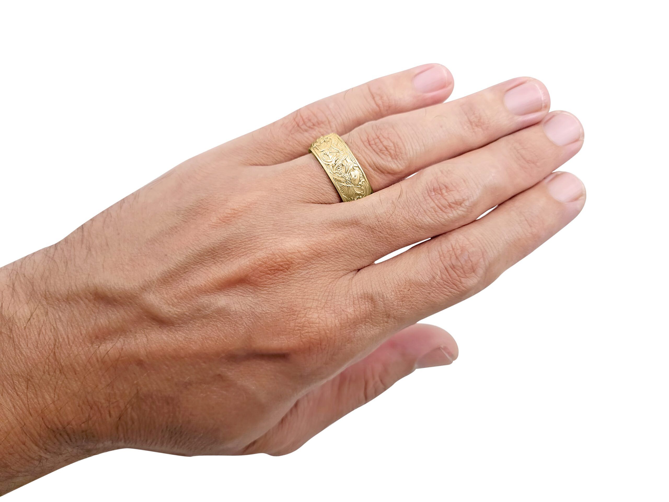 Solid 10K Yellow Gold Carp and Waves Ring 9mm Wide Band Koi Fish