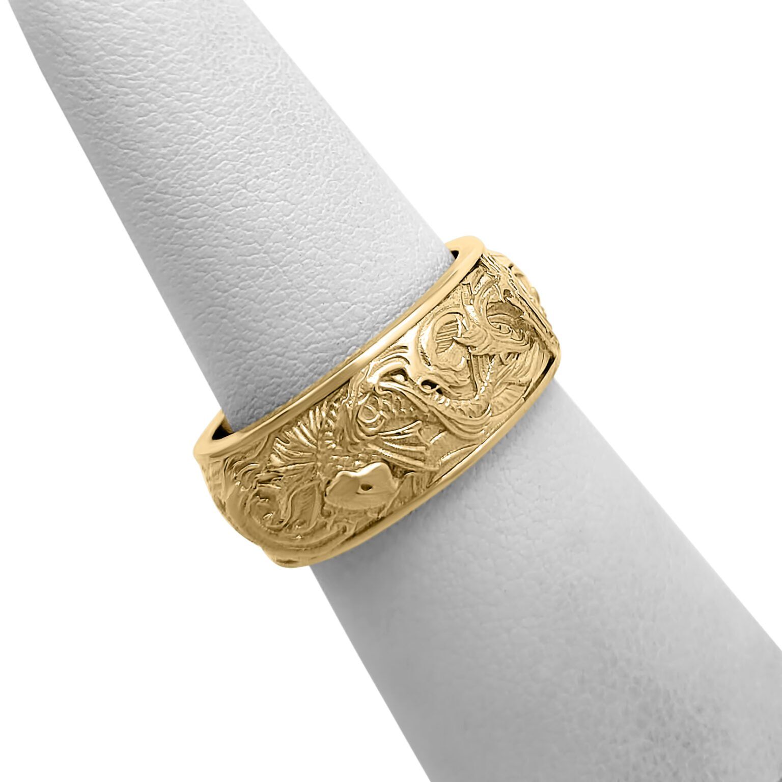 Solid 10K Yellow Gold Carp and Waves Ring 9mm Wide Band Koi Fish