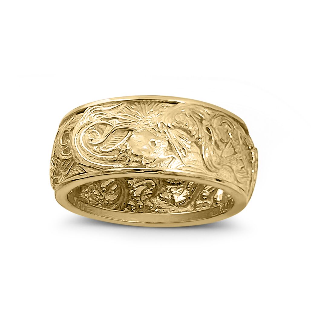 Solid 10K Yellow Gold Carp and Waves Ring 9mm Wide Band Koi Fish