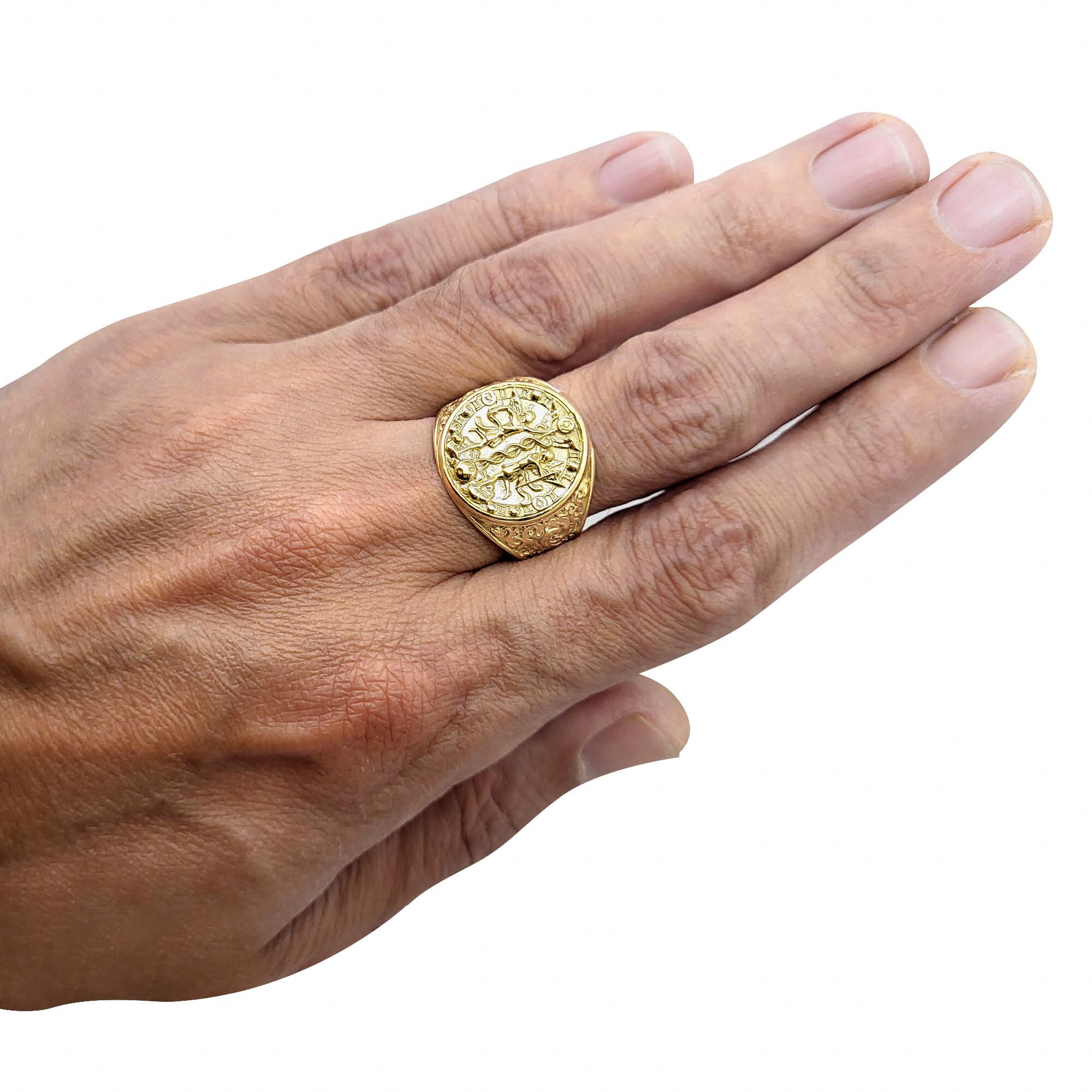 Real 10K Yellow Gold Gemini Ring, Zodiac Sign Mens Gold Coin Ring