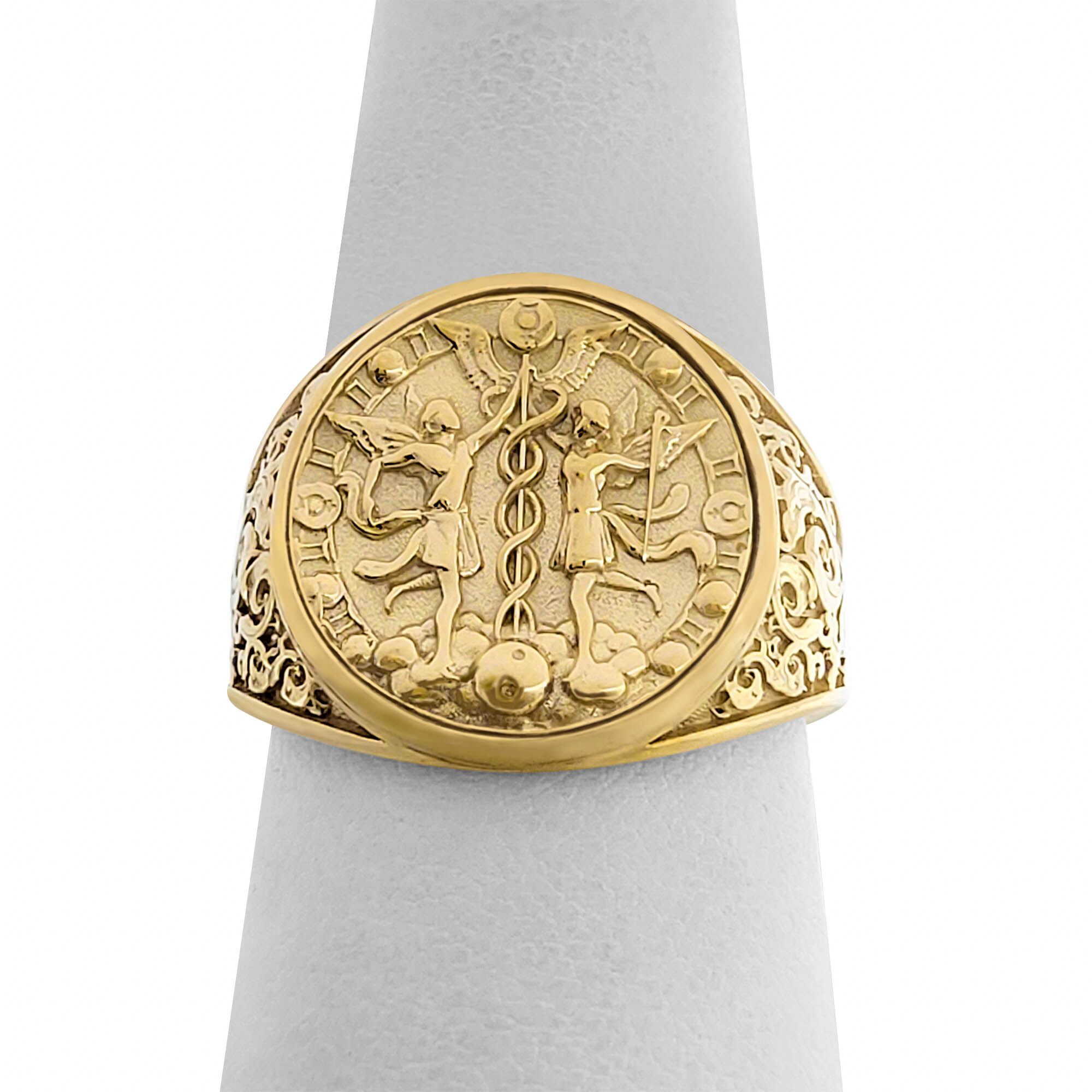 Real 10K Yellow Gold Gemini Ring, Zodiac Sign Mens Gold Coin Ring