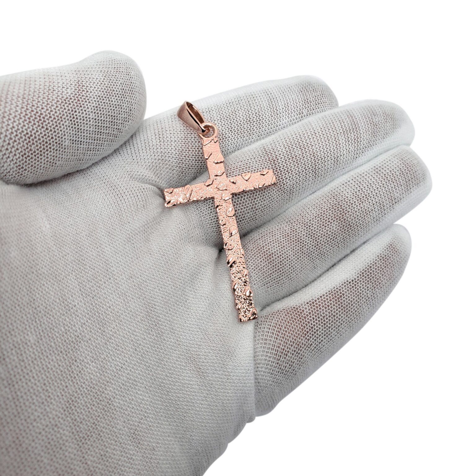 Solid 10K Rose Gold Nugget Cross Mens Gold Cross Pendant, 3.8