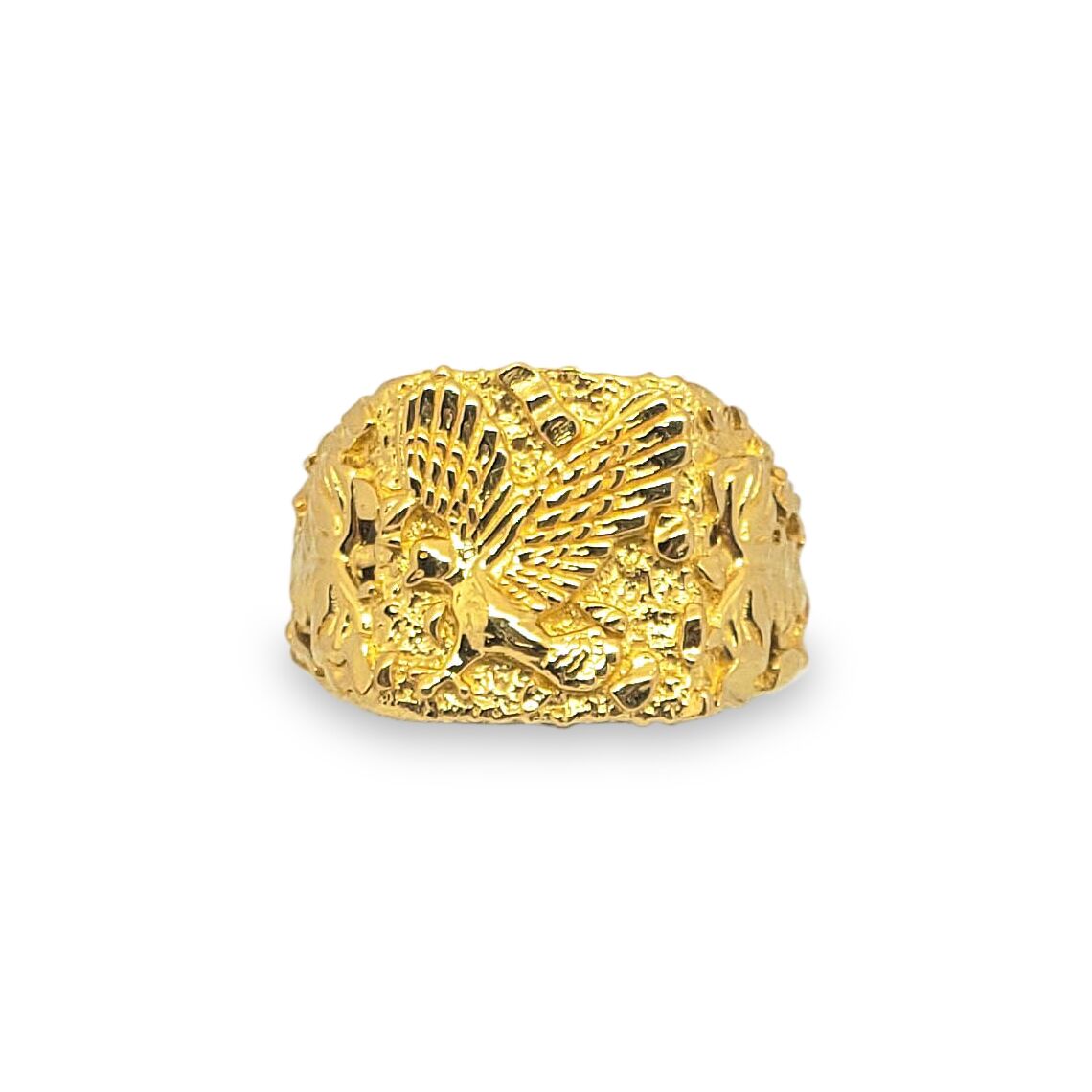 Solid 24K Yellow Gold Eagle Nugget Ring, Large Mens Gold Nugget